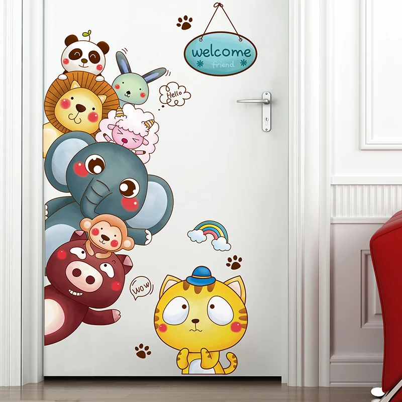 

[shijuekongjian] Cartoon Animal Wall Stickers DIY Door Sticker for Kids Rooms Kindergarten Baby Bedroom Decoration Children Gift
