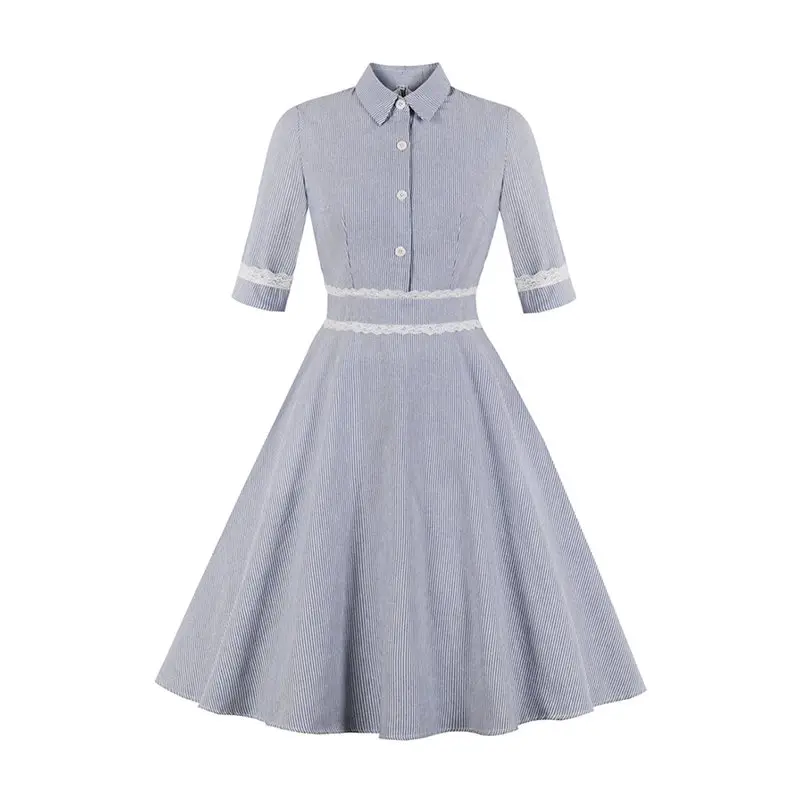 

Blue Sweet Office Lady Retro Summer Elegant Women Midi Dresses Big Size Party Casual Preppy Stripe Lace Chic Vintage Dress 2019