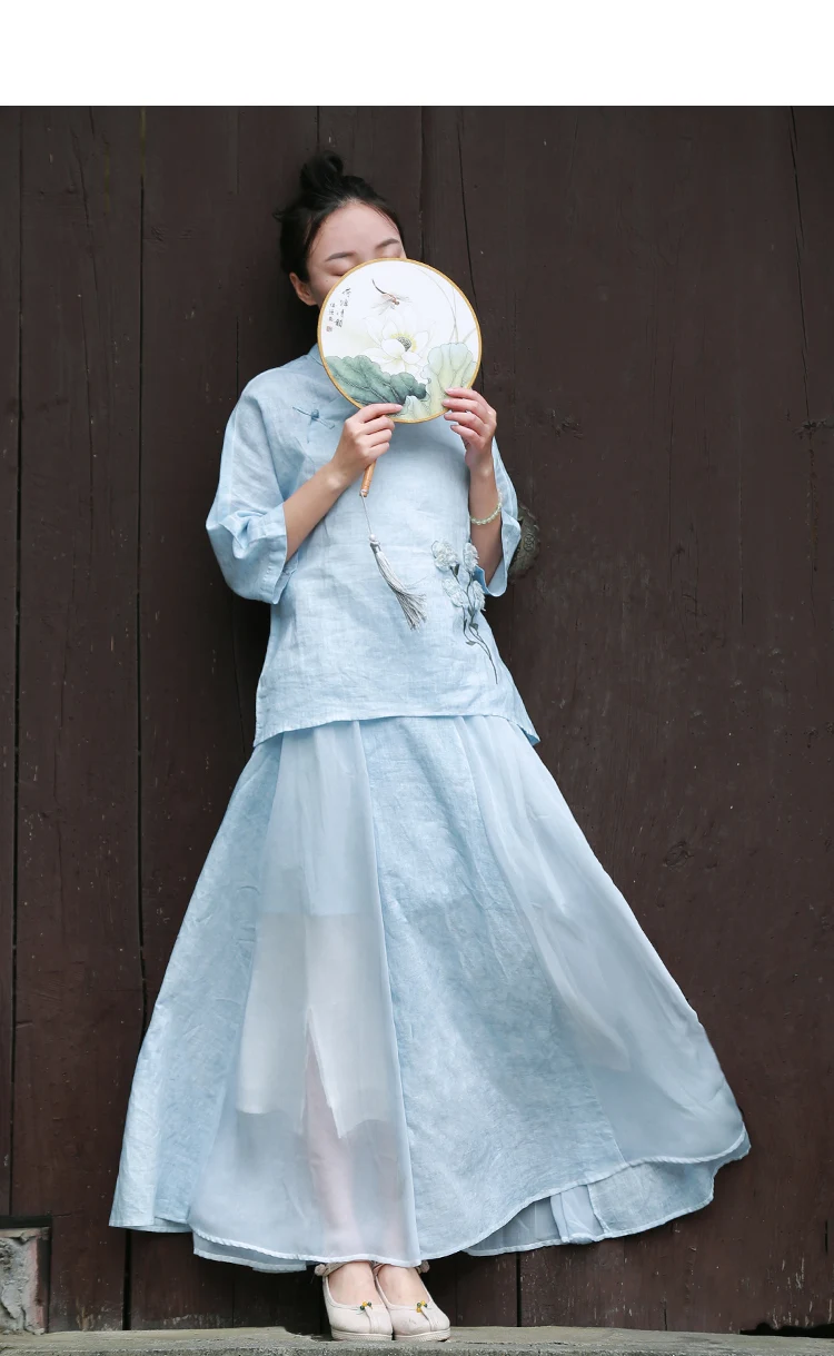 LZJN Original 2019 Ethnic Linen Skirt Elastic Waistband Long Women A-Line Pleated Skirts Beach Boho Vintage Summer Skirts Faldas (13)