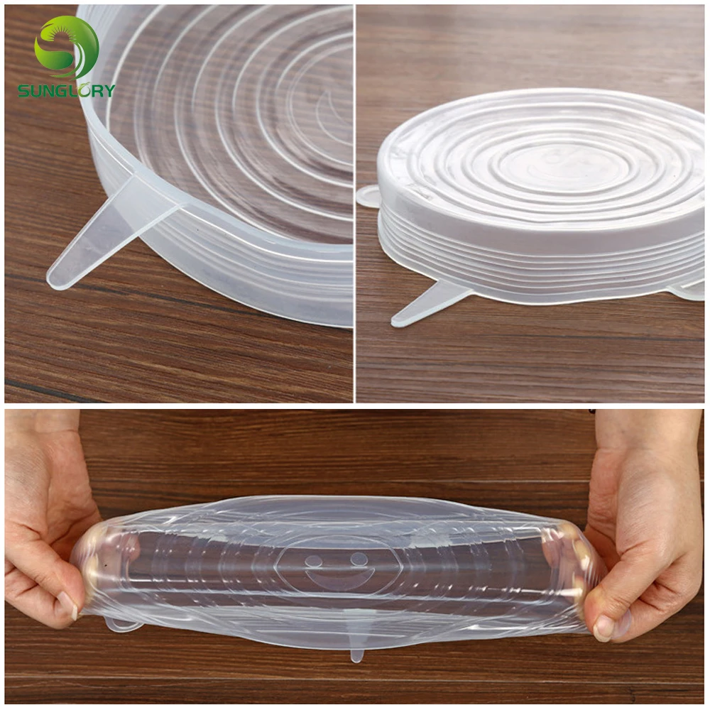 Sunglory 6PCS Reusable Silicone Stretch Air-tight Vacuum Lid Keep Fresh Leakproof Food Bowl Cover Lid Kitchen Silicone Food Wrap