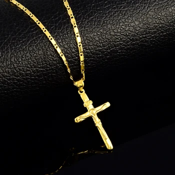High quality pure gold color Cross charm pendant necklaces for women Men 24K yellow gold filled necklaces wedding jewelry