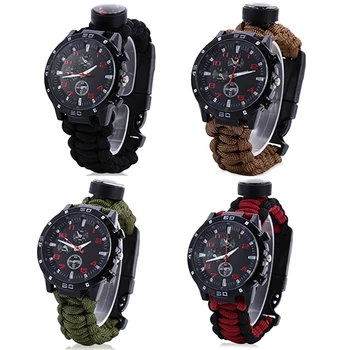 Multifuctional Survival Bracelet Thermometer Flint Fire Starter Gear Watch