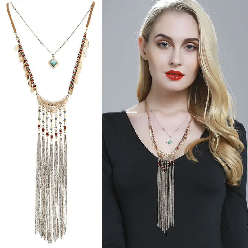 newest women long pendant necklaces collar gold long leather chain