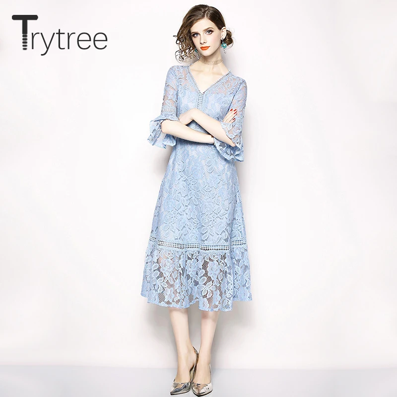 Trytree летнее осеннее платье элегантное кружевное повседневное однотонное синее с