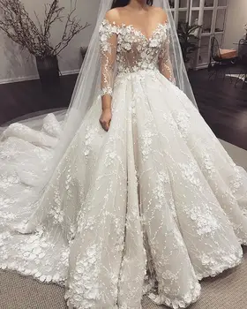 

Luxury Lace 3D Flowers Ball Gown Wedding Dress 2020 Illusion Long Sleeve Chapel Train Bridal Gowns Vestido De Noiva