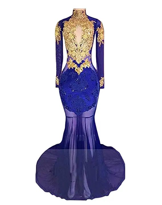 

2019 Sexy High Neck Mermaid Prom Dress Gold Appliques Long Sleeves Formal Evening Dresses Party Gowns