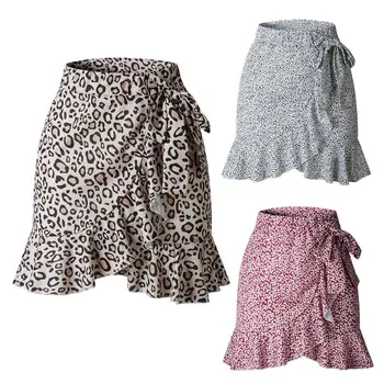 

Womens Self-Tie High Waist Vintage Mini A-Line Skirt Irregular Ruffles Hem Leopard Floral Printed Evening Party Faux Wrap Skirt