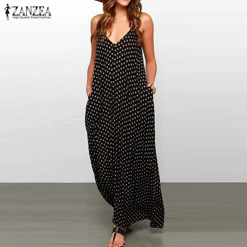 

ZANZEA Women Maxi Long Dress 2019 Summer Casual Loose Sexy V Neck Strapless Sleeveless Polka Dot Beach Dresses Plus Size Vestido