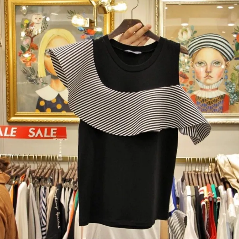 

2019 Spring and Summer Elegant Women T-shirts New Korean Temperament Lotus Leaf Oblique Shoulder Irregular Round Collar T-shirt