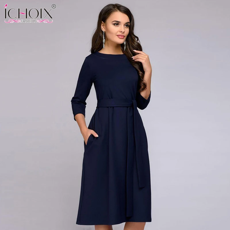 ICHOIX 2018 Spring Summer Solid Color Dress Three Quarter Sleeve Pockets Elegant Dress Women Loose Casual Dress Purple Vestido ICHOIX 2018 Spring Summer Solid Color Dress Three Quarter Sleeve Pockets Elegant Dress Women Loose Casual Dress Purple Vestido