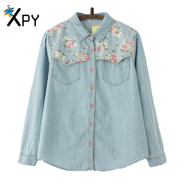 summer women denim shirt jeans womens floral jeans blouse long plus size womens denim shirts