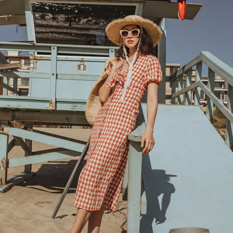 

2019 Summer New V-neck Bow Plaid Dress V-Neck Plaid Straight Women Dress