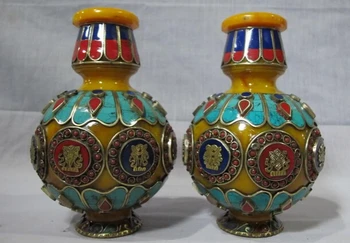 

bi002159 Tibet Folk Classical beeswax turquoise coral Eight treasures Vase pair