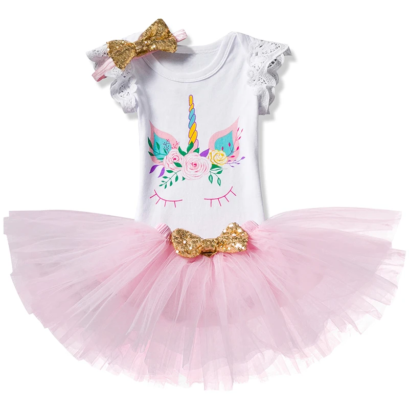 Unicorn Baby Girl Clothes Dresses With Infant Headband Cotton Lace First Birthday Outfit Girl 1 Year Baby Tutu Dress For Girls