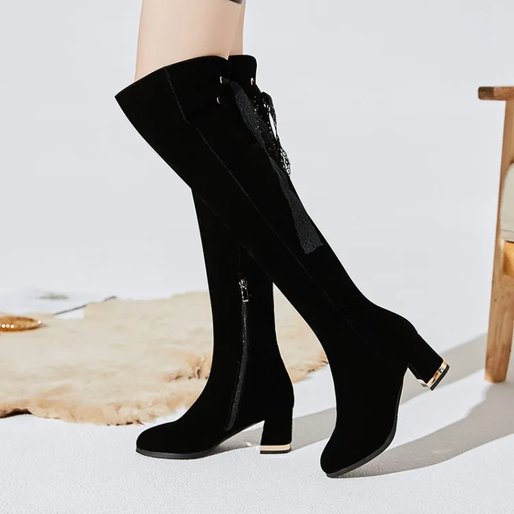 

Big Size 9 10 11 12 Butterfly-tied zipper boots with round suede and thick-heeled lace