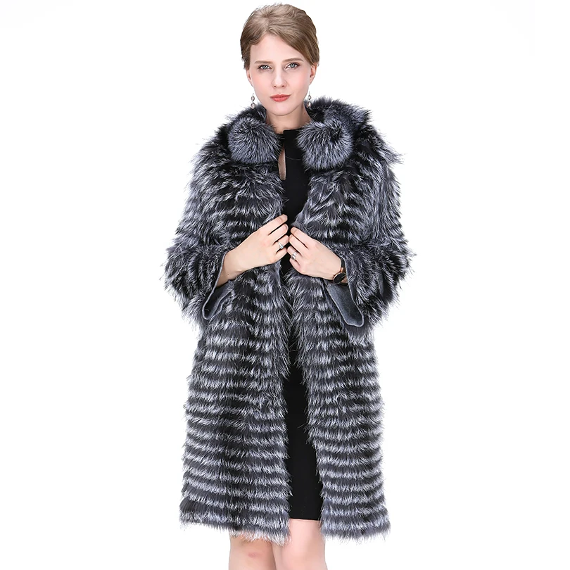

Genuine Gray Silver Fox Fur Coat Long Fashion England Style Winter Thick Warm Grey Striped Real Fox Skin Overcoat For Women