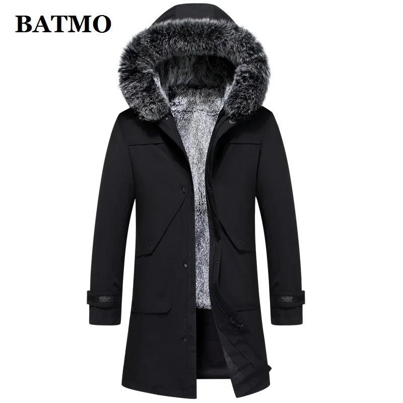 

Batmo 2018 new arrival winter warm 100% natural rabbit fur liner hooded jacket men,fox fur collar winter warm coat men AL23