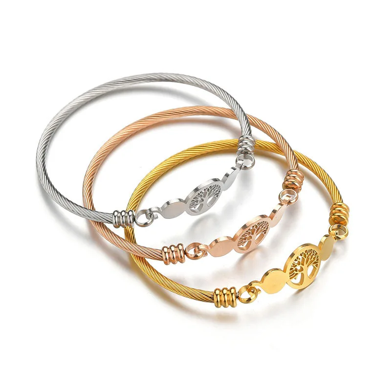 

Trendy Braided Stainless Steel Bangle Bracelet with Tree of Life for Woman Man Rose Gold Silver Color Wristband Bangles Gift