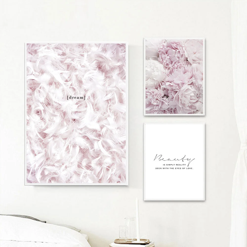 

Pink Feather Quotes Love Peony Flowers Wall Pictures For Living Room Nordic Poster Wall Art Canvas Painting Picture Unframed