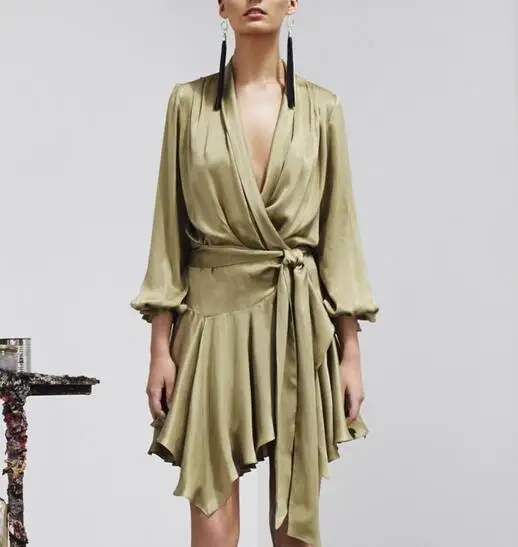 

WishBop 2016 Runway Luxury V-neck Satin Silk Wrapped Asymmetrical Pleated DRESS With Belt SIX Colors In stock