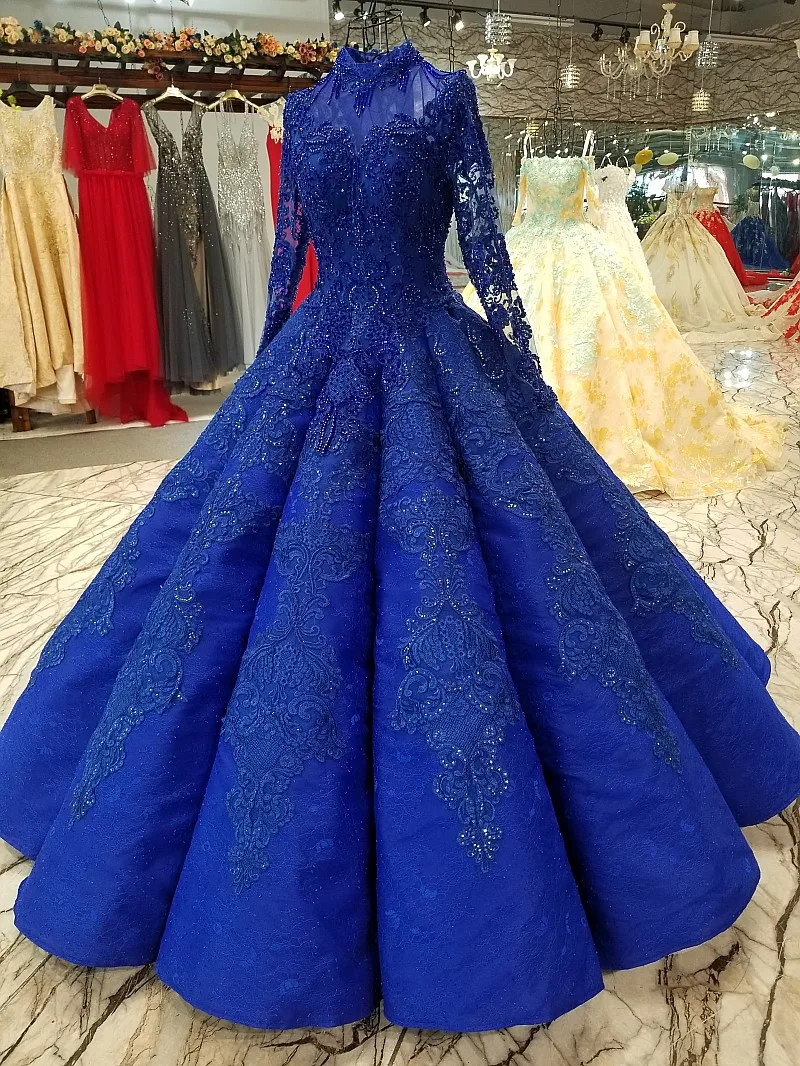

High Quality Royal Blue Ball Gowns Evening Gowns 2018 Saudi Arabian Dubai Lace up Vintage Long Sleeves Muslim Prom Party Gowns