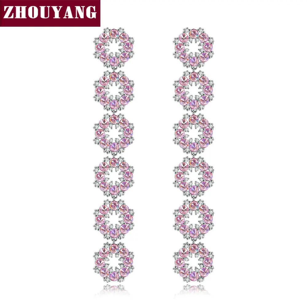 ZHOUYANG Drop Earring For Women Romantic Style Delicate Pink Flower Circle Cubic Zirconia Silver Color Gift Fashion Jewelry E274