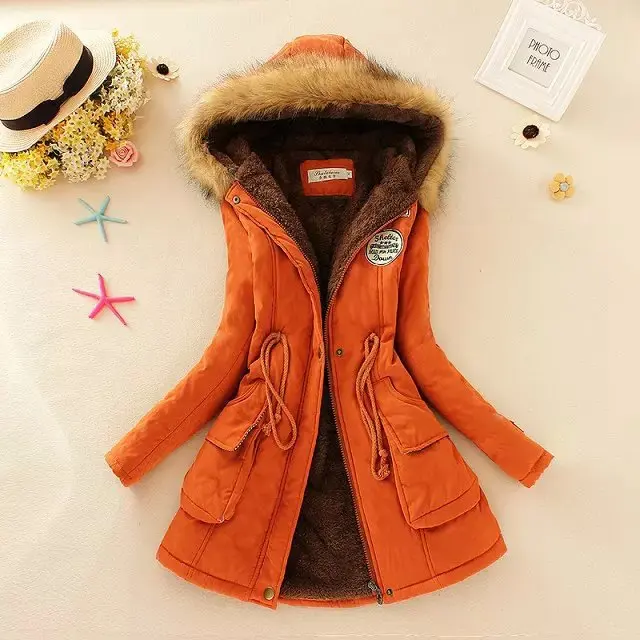 Женское зимнее плотное теплое пальто, женское осеннее пальто с капюшоном, хлопок, мех размера плюс, Базовая куртка, верхняя одежда, тонкая Длинная женская куртка - Цвет: Оранжевый