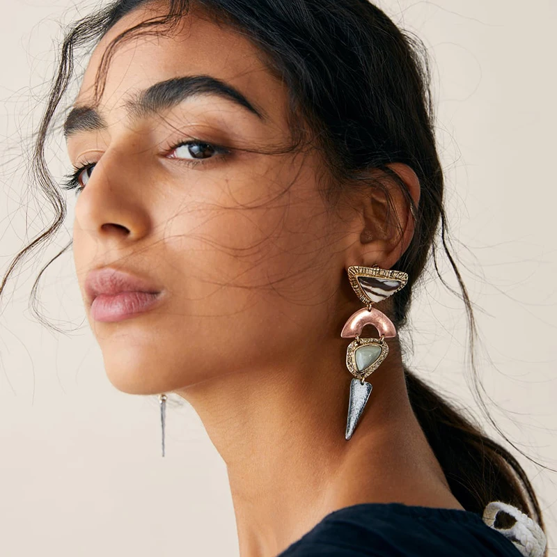 

AENSOA ZA Bohemia Vintage Hanging Drop Earrings Ethnic Metal Handmade Geometric Stone Earrings For Women Luxury Party Jewelry