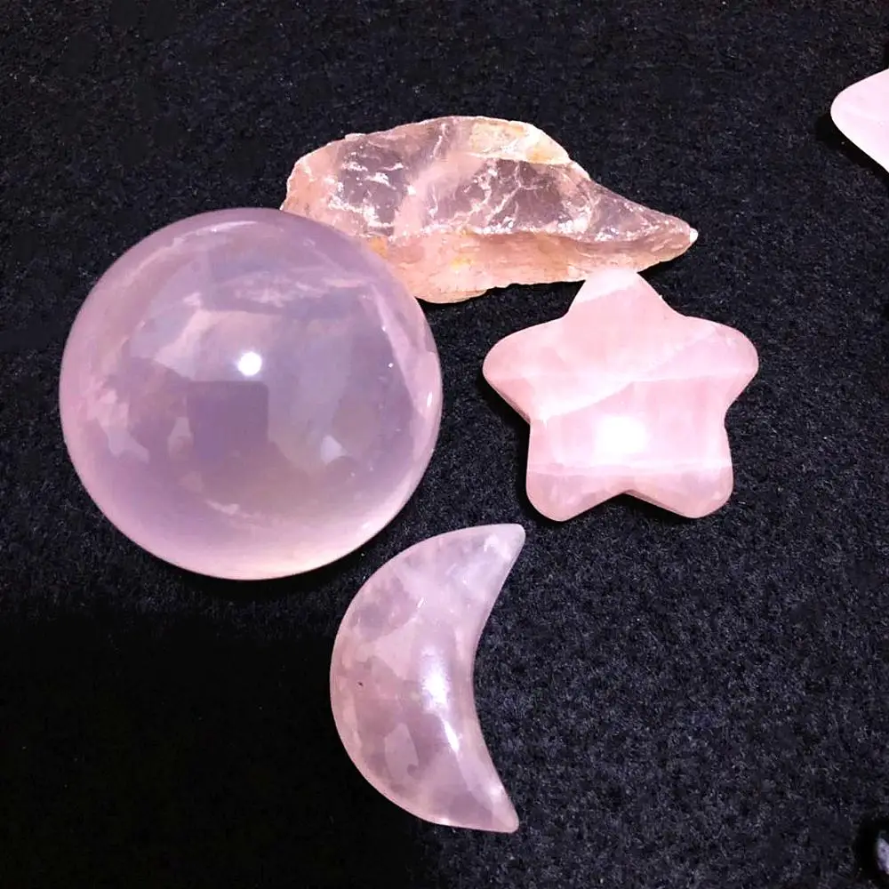 

Natural Rose Quartz Pyramid Star Moon Sphere Set Healing Stone wicca magic stones and minerals Rose Quartz Set Crystal tower