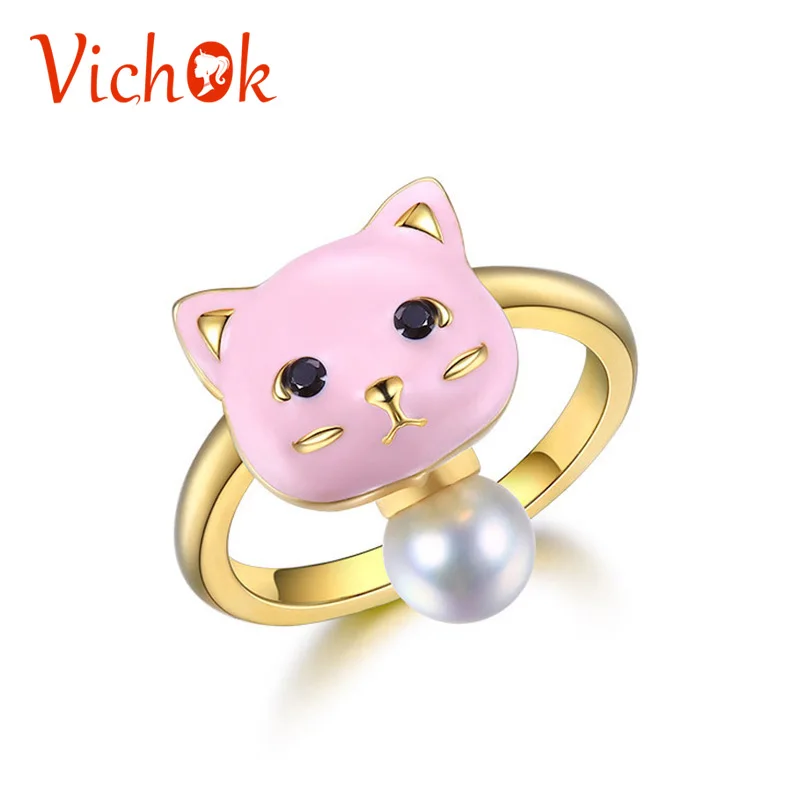

VICHOK Cute Cat Face Rings Natural Freshwater Pearl Rings silver 925 jewelry Brand Ring For Women Girls Lover aneis