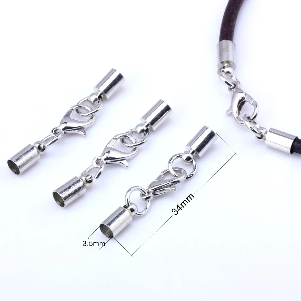 Inside 3.5mm 12pcs Round Leather Cord Crimps End Caps Lobster Clasp