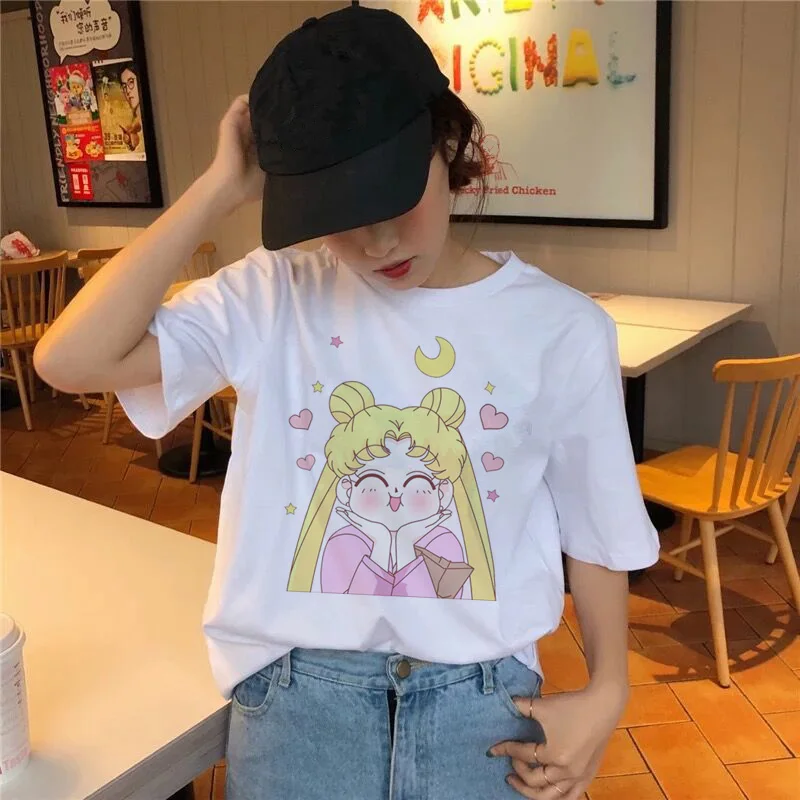 

Sailor Moon T Shirt T-shirt Harajuku Summer 2019 cat Sweet Women 90S Ullzang Tshirt Female Top Tees Print cartoon Kawaii