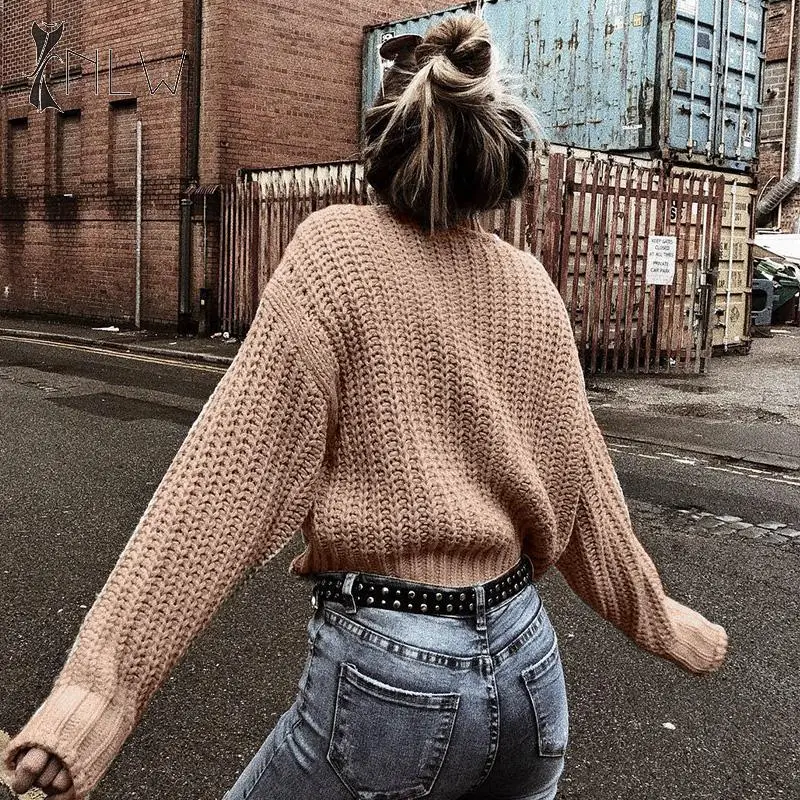Comprar NLW Khaki Turtleneck suéter de mujer Otoño Invierno de manga larga Jumper 2019 de punto suelto moda Pullover Mujer