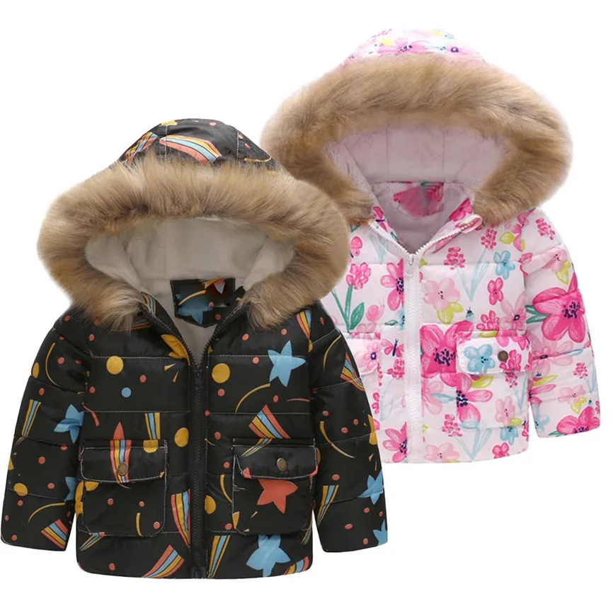 Baby Winter Coats Outerwear Toddler Baby Girls Boys Floral Stars Zipper Warm Jacket Hooded Windproof Coat For 18M~6T Oct#2