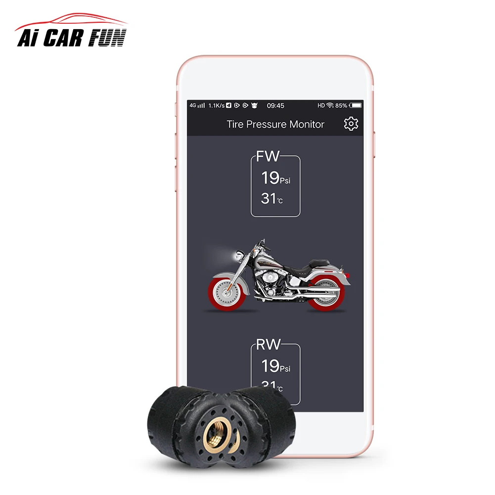 Motorcycle Bluetooth TPMS Tire Pressure Monitoring System Phone APP Monitoring with 2 External Sensors and a Wrench Motorcycle Tyre Pressure Sensor
