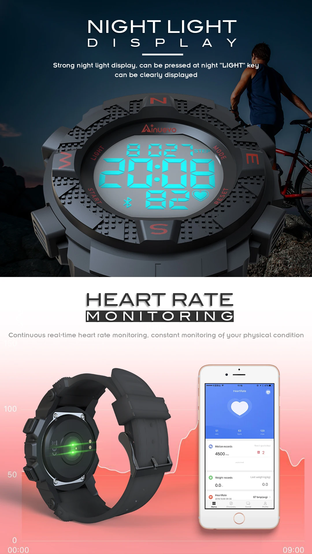 Ainuevo E1 Sport Smart Watch Man Bluetooth Swim Proof Waterproof Continuous Heart Rate Monitoring Smart Reminder