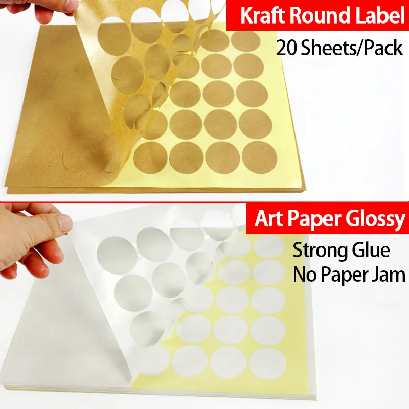 Kraft /Glossy White Round Label, 20 Sheets Printing Circle Stickers for Inkjet and Laser Printer 2cm 2.5cm 3cm 3.5cm 4cm 5cm 6cm