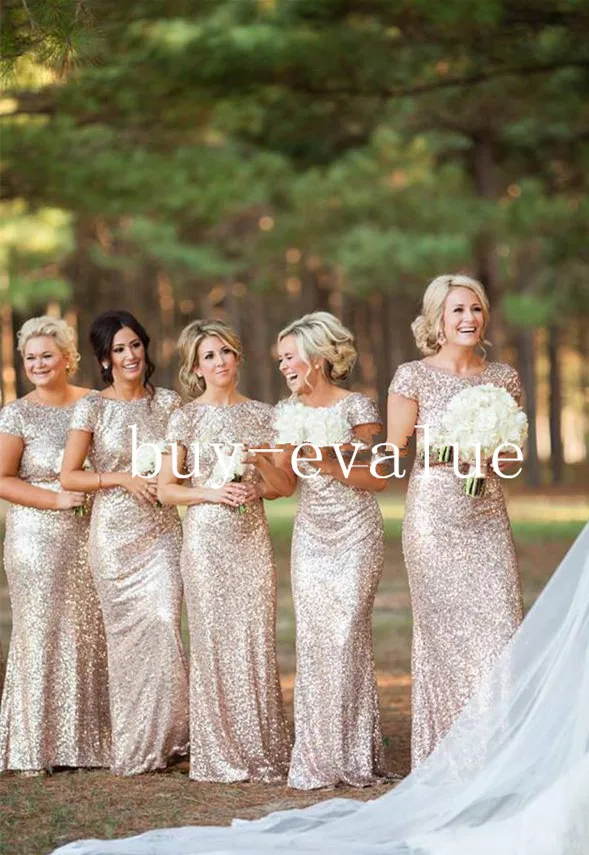 

Sparkly Gold Cheap Mermaid Bridesmaid Dresses Short Sleeve Sequins Backless Floor-Length Beach Wedding Gown Gold Champagne