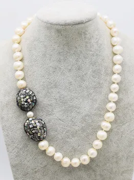 

freshwater pearl white near round 11-12mm and abalone shell necklace 19nch nature beads FPPJ wholesale