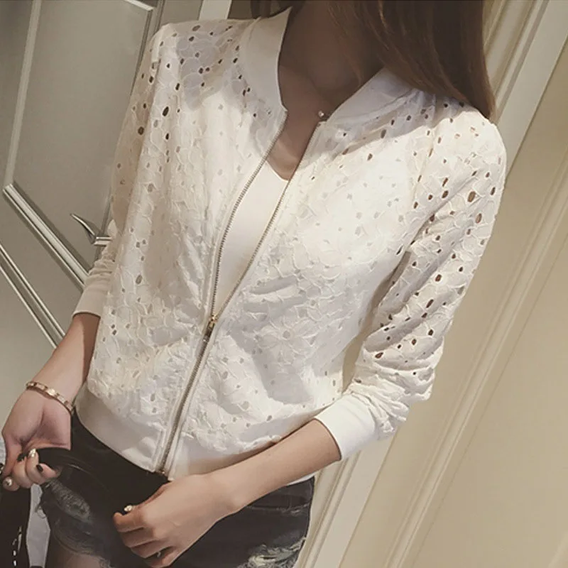Droppshiping Fashion Women Bomber Jacket Long Sleeve Lace Sunscreen Shirt Short Summer Thin Coat Casual Baseball Coat BFJ55