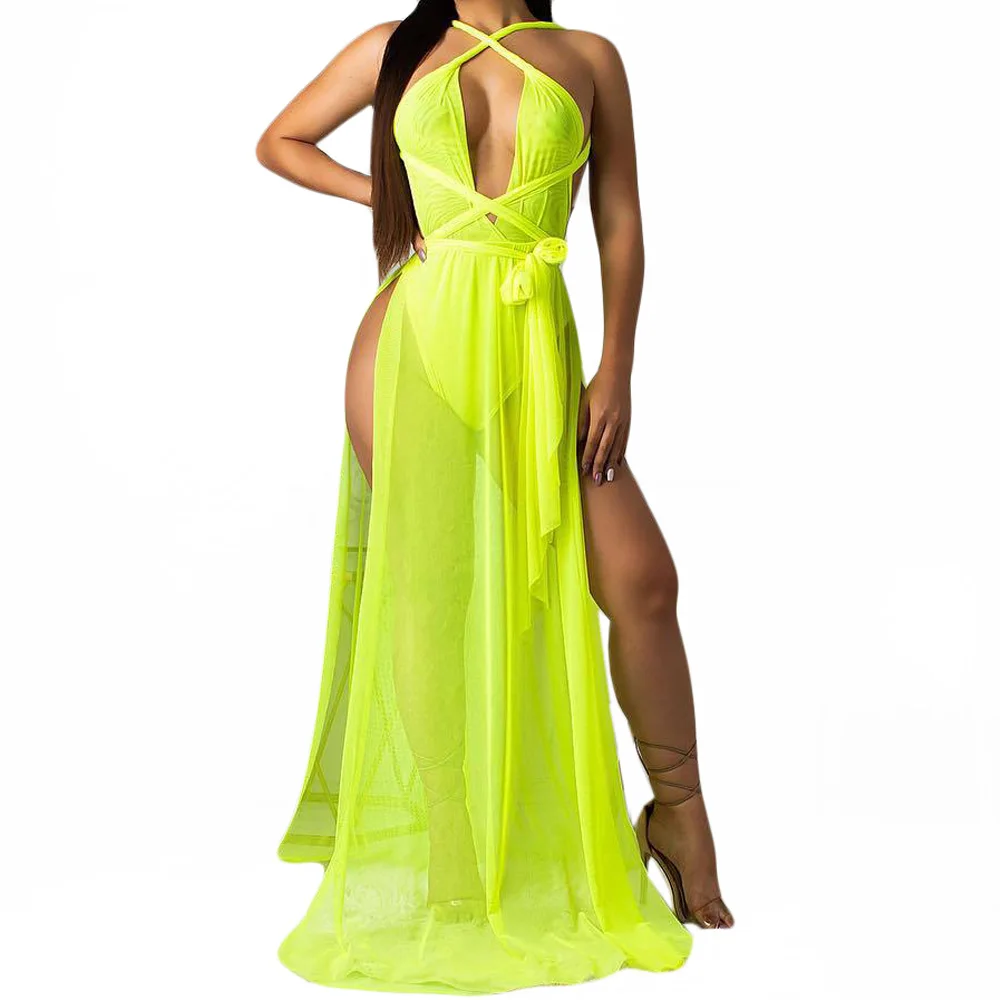 

Sexy Perspective Mesh Party Dress Women Halter Hollow Out High Split Long Maxi Dress Elgant Summer Bodycon Club Wear Vestidos