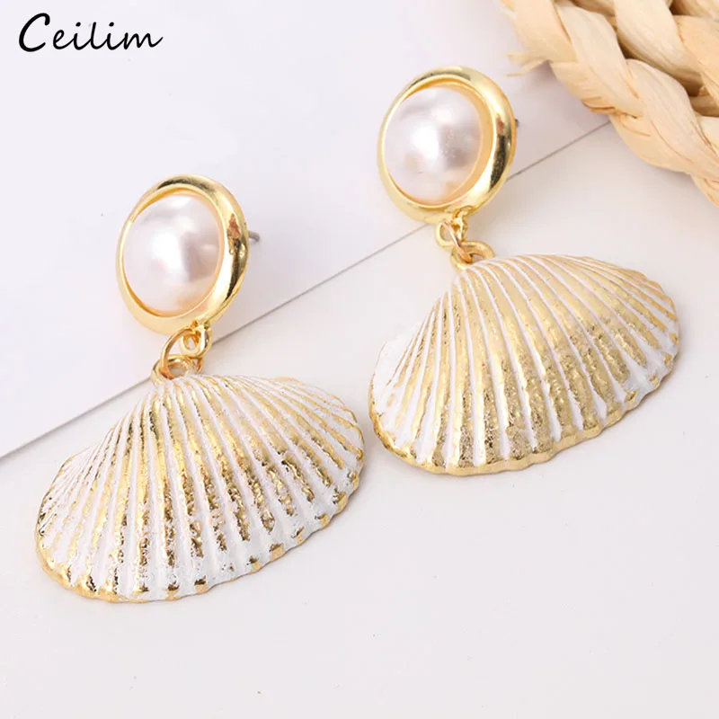 

2019 New Boho Sea Shell Earrings for Women Gold Color Geometric Pearl Starfish Drop Earrings Summer Beach Fashion Jewelry