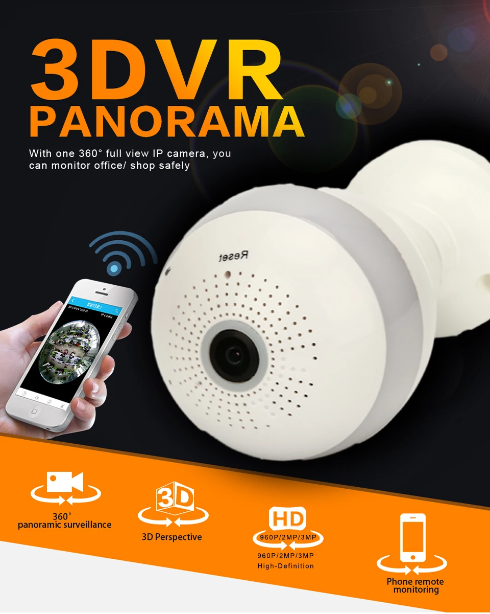 

HD 1080P WIFI Panoramic Bulb 360 degree camera Wireless Fisheye IP Cam cctv Smart Home 3D VR Camera 2MP Home Security WiFi Cam