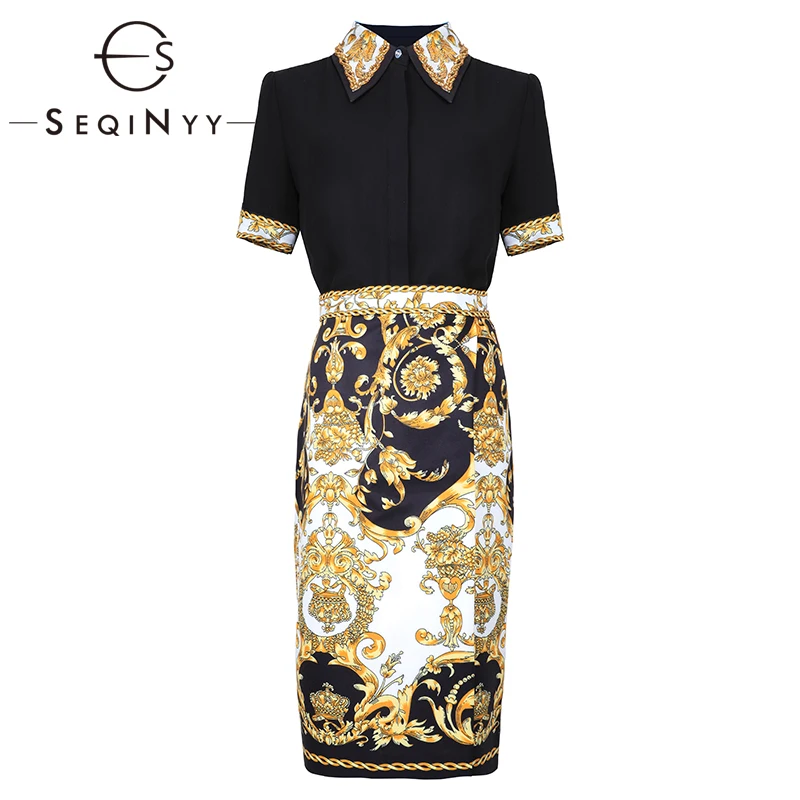 

SEQINYY Vintage Set 2019 Summer New Fashion Design Embroidery Crystal Black Shirt + Yellow Flowers Slim Skirt Women Elegant Suit