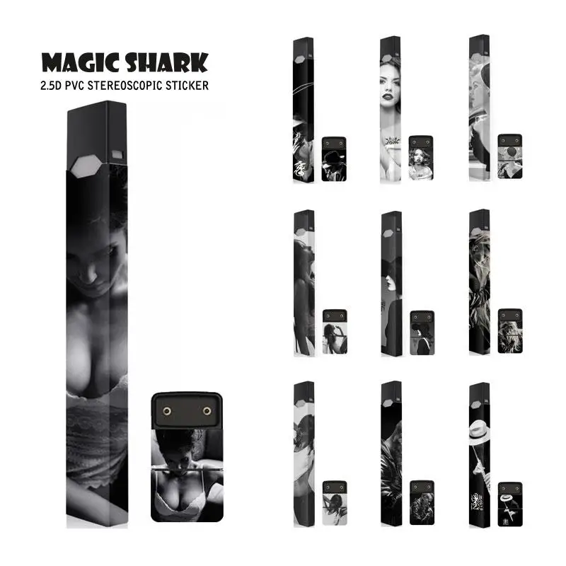 

Magic Shark Beautiful Women Punk Man Stereo Film Electronic Cigarette Sticker Printing Label Skin Case for Juul Black White