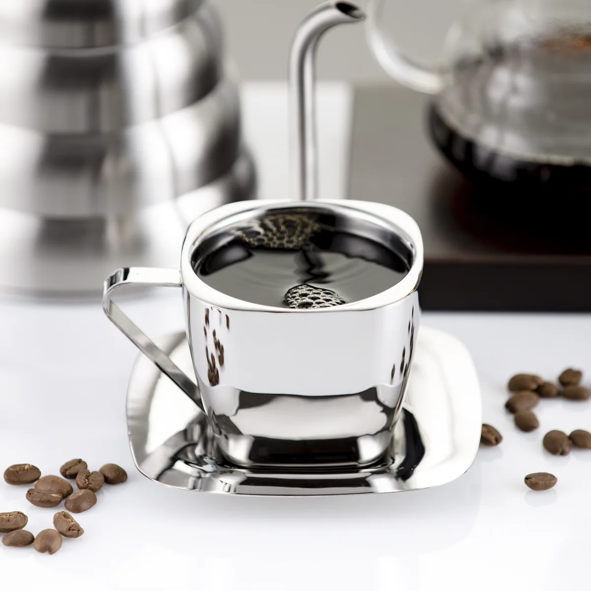

Top Grade Double-deck Stainless Steel Espresso Coffee Cup Saucer Sets Handle Bilayer Teacups Square Metal Xicara Copo Taza Light