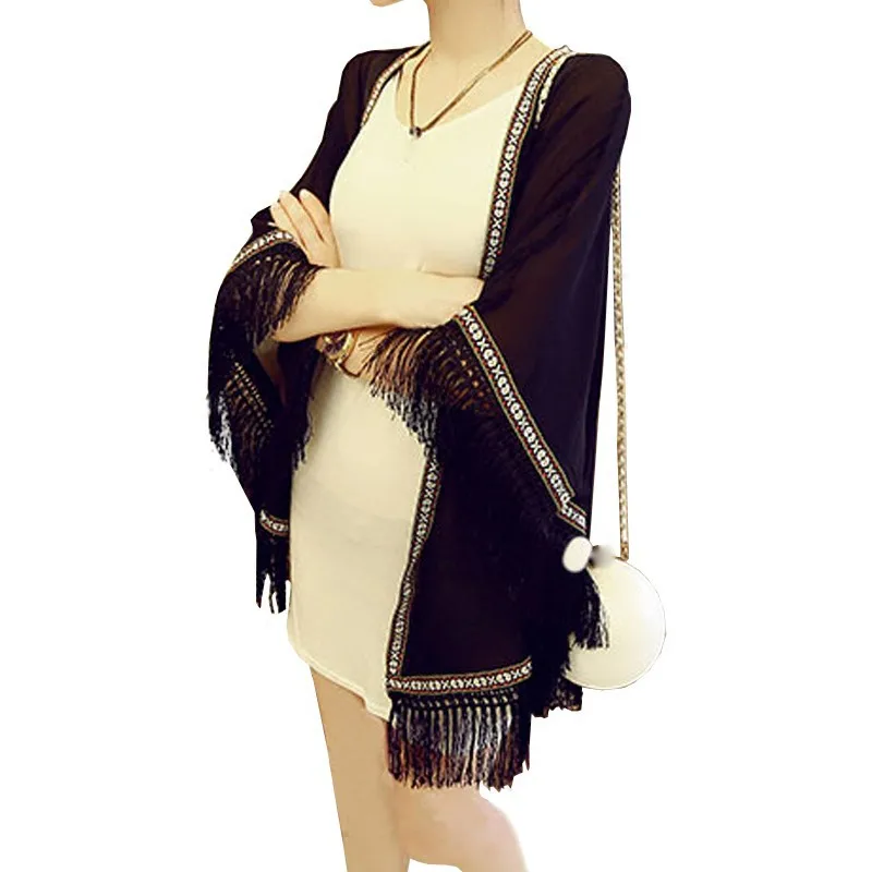 

White Chiffon Loose Boho Kimono 2018 Beach Summer Women Casual Cardigan Tassel Blouse Shirt Plus Size Tops Beachwear