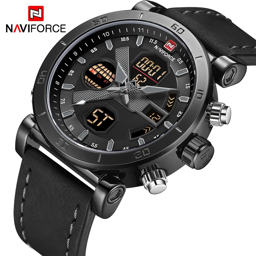  NAVIFORCE Brand Men's Watches Sport Military Dual Display Leather Watch Round 3ATM Waterpoof Multif