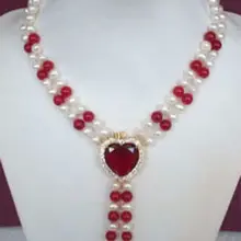 Натуральный жемчуг Новая красивая мода 2 ряда белый жемчуг и красное сердце любовь ювелирные изделия ожерелье Свадебные серебряные ювелирные изделия
