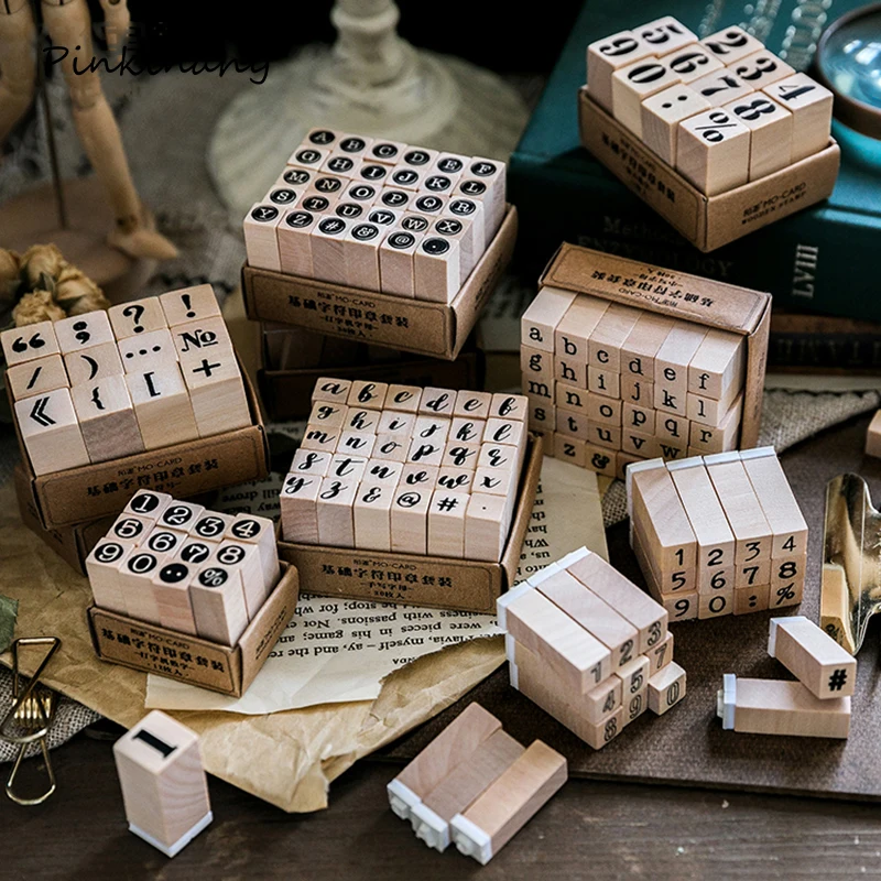 Винтажный базовый набор деревянных штампов с цифрами и буквами DIY Деревянные